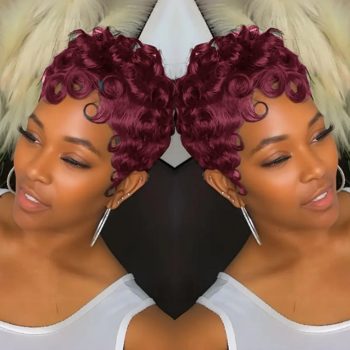 ショートレイヤードピクシーカット人毛ウィッグ（前髪付き）カラフルサマーフルマシンメイドウィッグ