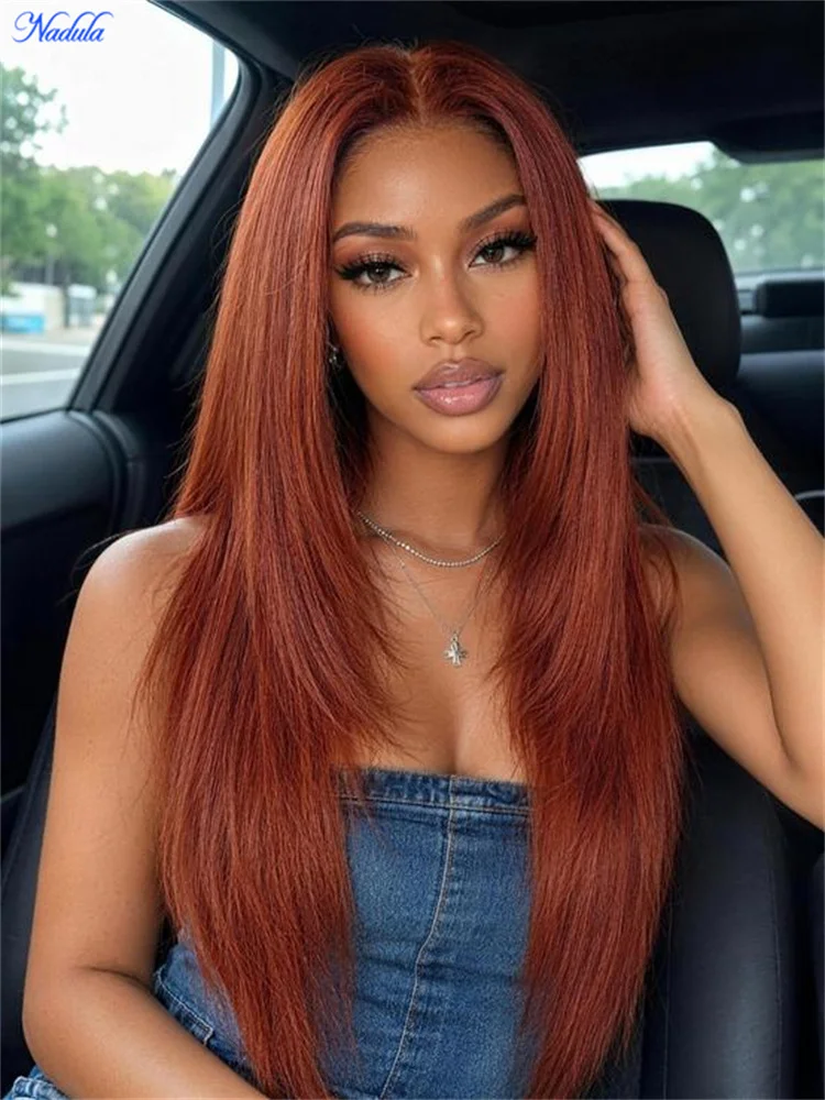 Nadula Layer Cut Silky Straight Pre Colored Human Hair Wig Density 150%  Reddish Brown 7x5 Bye Bye Knots Pre Cut HD Transparent Lace Pre Bleached Knots Pre Plucked Drawstring Glueless Wig 100% Human Hair Ready to Wear for All Size Heads