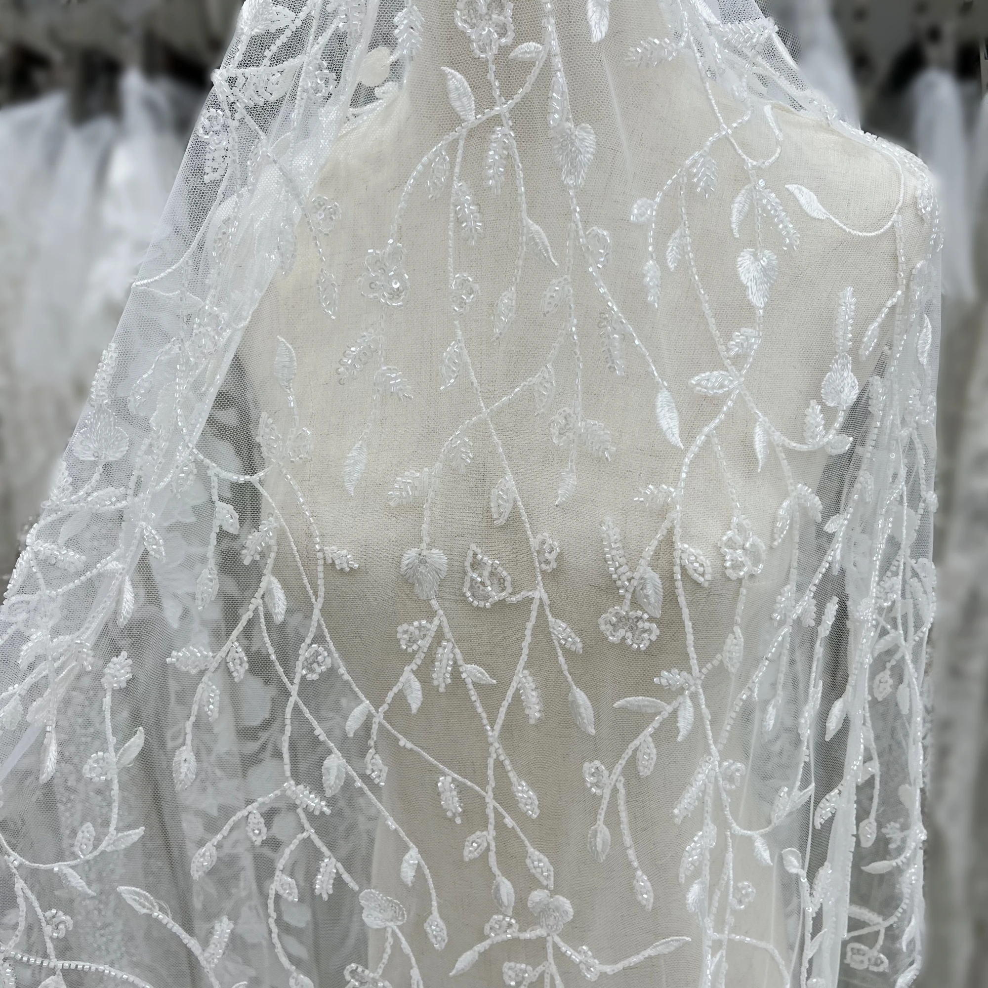 Delicate Lines Sequins Beads Lace Embroidery High-Grade Wedding Dress Design Fabrics