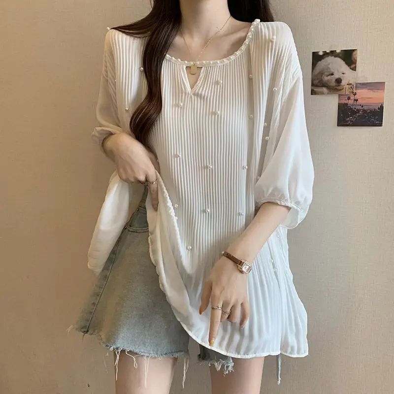 Summer New Loose Fashion Korean Simple Versatile Gentle Chiffon Short Sleeve T-shirt Women\'s Solid Round Neck Patchwork Thin Top