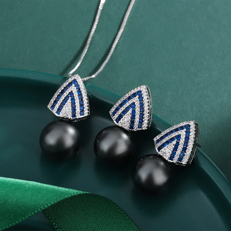 Tahiti Fritillaria Pearl Pendant Necklace Triangle Earrings 2022 Trend Set Female Micro Inlaid Blue Cubic Zircon Jewelry Gift