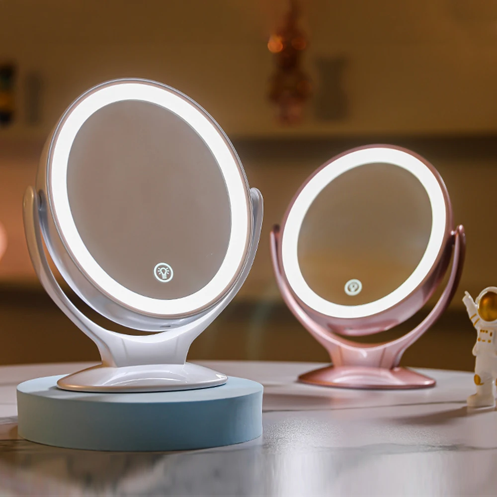 Desktop LED Makeup Mirror with Light Multi-functional Rotating Portable Dressing Mirror Desktop Touch Supplementary Light Mirror