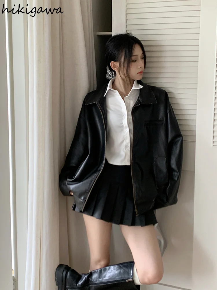 Streetwear Vintage Women Jackets 2023 Ropa Mujer Turndown Collar Zipper Oversized Tops Casual Fashion Leather PU Y2k Coat 27r869