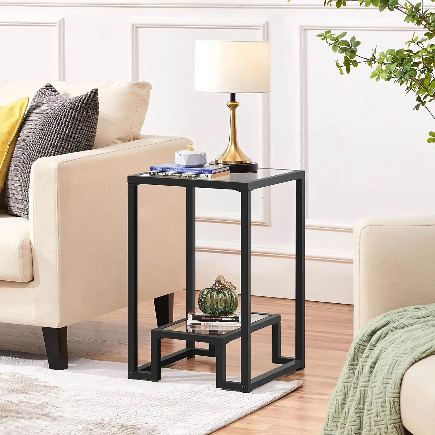 Yaheetech Glass Side Table, Tempered Glass End Table with Shelf and Sturdy Metal Frame, Modern Elegant Accent Snake Table Small