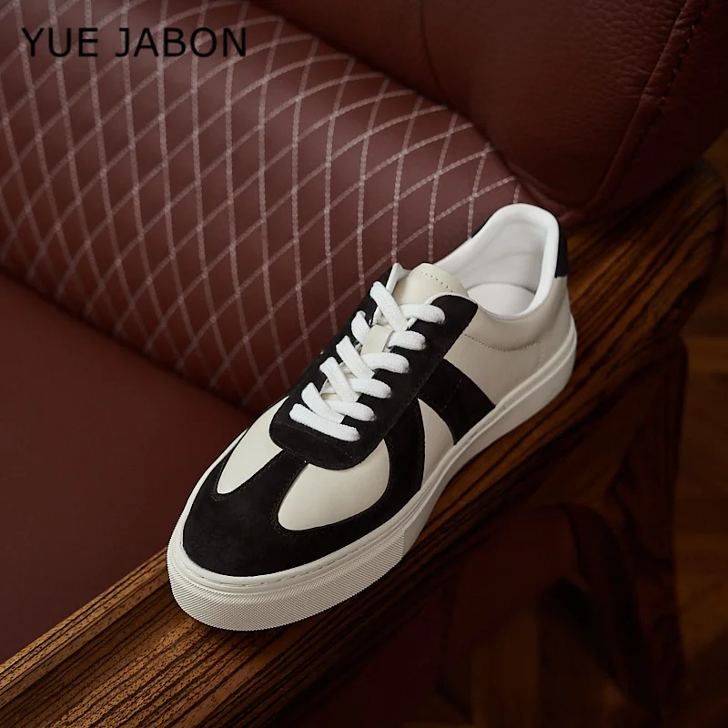 New Men Sneakers Patchwork 100% Real Leather Cowhide Casual Shoes Lace Up White Flat Walking Shoes Luxury Men Black Trainers