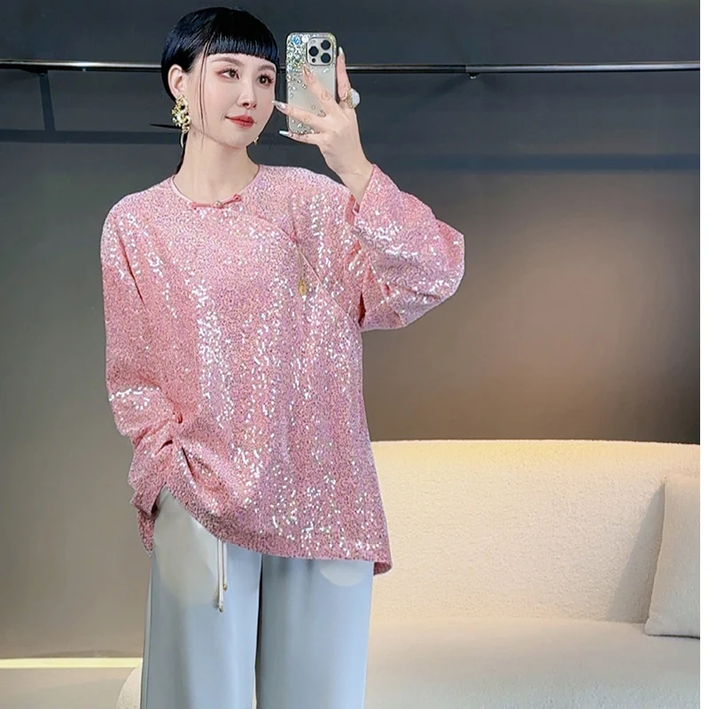 

High-Quality Spring New Fairy Style O-Neck Fashion Sequin Embroidered Top Women's Long Sleeve Single Breasted Loose Shirt S-L