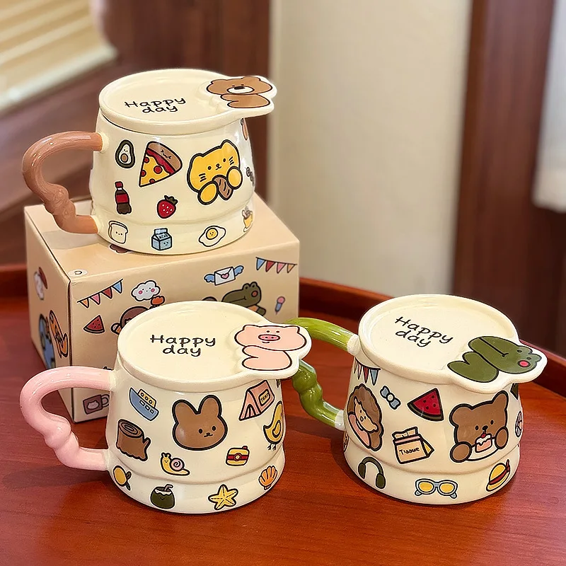 Cute Cartoon Animal Graffiti Ceramic Mug, High-value Office Coffee Mugs with Lid, Home Couple Tea Cup, Holiday Gift Kawaii Cup