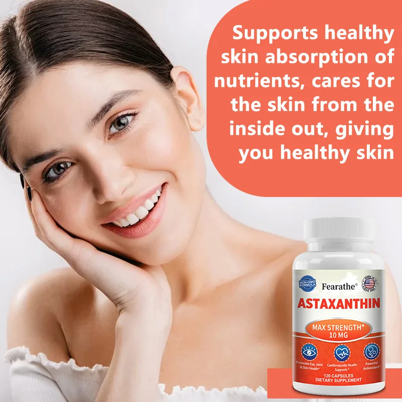 Astaxanthine 10mg, complément alimentaire antioxydant naturel, soutient la santé oculaire, de la peau et cellulaire, sans OGM, 30/60/120 capsules