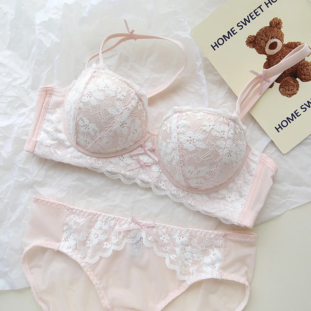 BANERDANNI Women French Lace Lingerie Set Wire‑Free Push‑Up Bra Panty Set Soft Comfort Lift Up Brassiere For Small Chest 32‑38AB