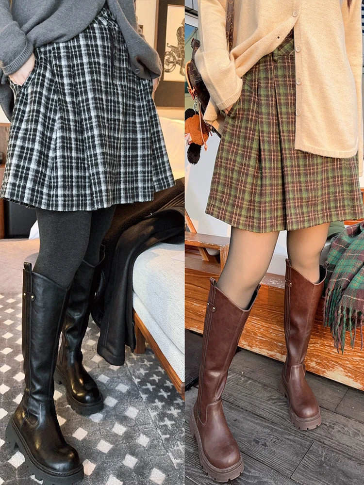 

Vogana Original Large Size Thiened Woolen A-Line Pleated Skirt Retro Plaid Design Korean Sle High Waist Midi Skirt