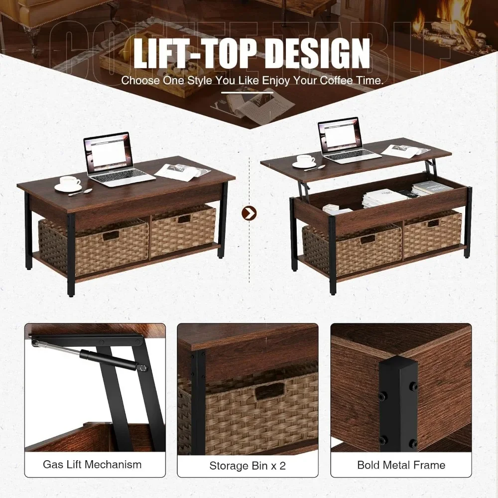 Mesa de centro con compartimento de almacenamiento oculto y 2 cestas de ratán, 41,7 Retro de mesa Central "con mesa elevadora de madera y Metal