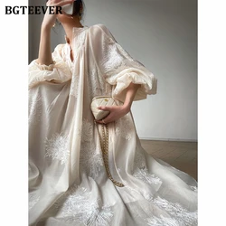 BGTEEVER Elegant V-neck Long Sleeve Embroidery Women Dress Autumn Lace Up Oversized Female A-line Dress vestidos