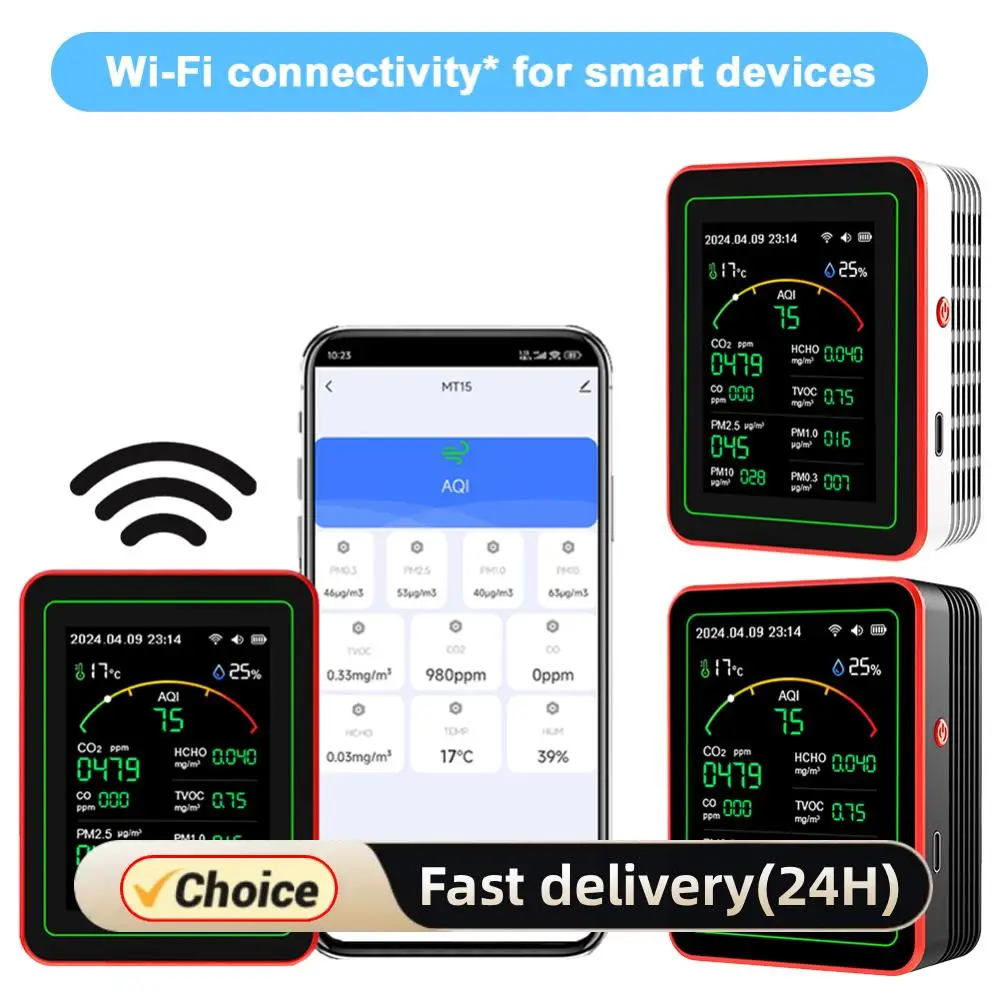 

WiFi 15-in-1 Air Quality Detector TFT Display Indoor Air Quality Monitor APP Control Portable AQI PM0.3 PM1.0 PM2.5 PM10 Tester