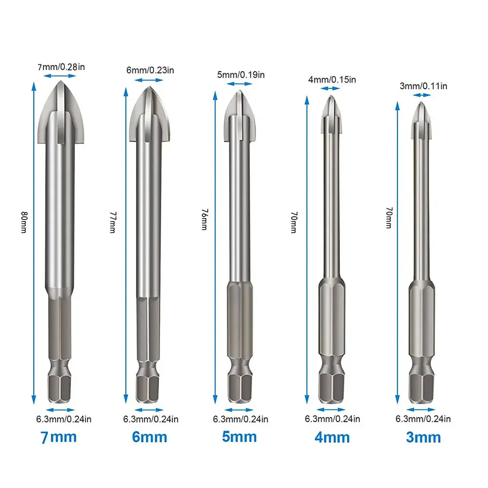 Prodrill 5 PCS Glass Tile Drill Bit Set Cross Hard Alloy for Concrete Wood Steel Plastic Masonry Concrete