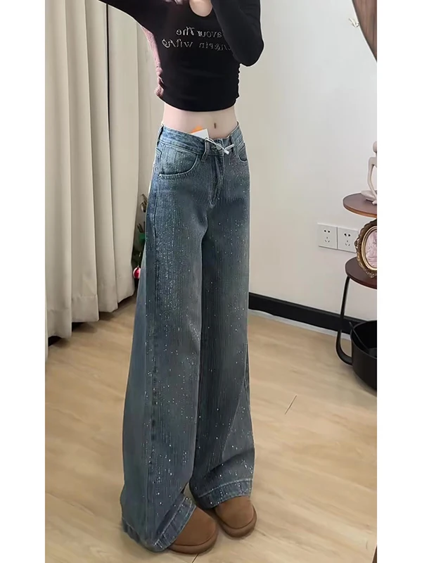 Jean lourd à strass pour femme, jambe droite ample, Design automne-hiver, effet flaissant, taille basse, fermeture à bouton, chaleur