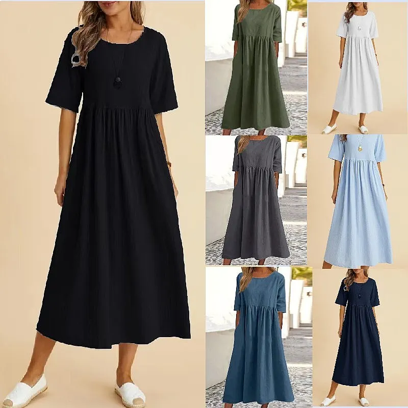 Vestido Holgado de Lino con Bolsillos, Talla Grande, Vestidos Midi de Manga Corta para Mujer, Primavera Verano, Túnica Casual Fluida