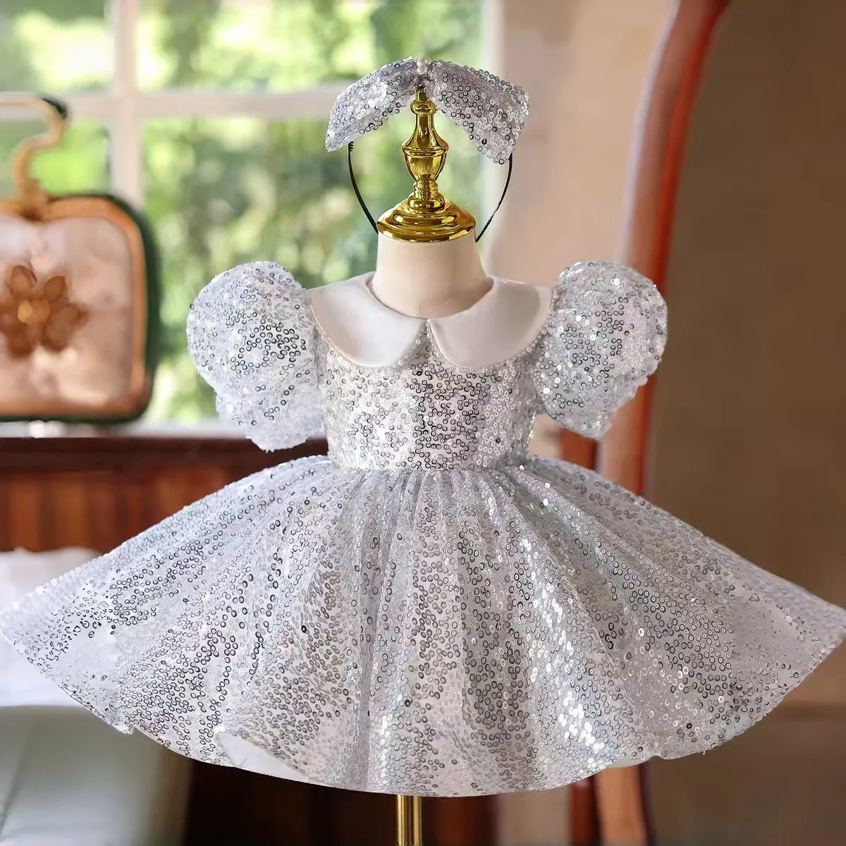 

Jill Wish J597 Sparkly Bows Silver Flower Girl Dress Puffy Sleeve Knee Length Princess Kids Wedding Birthday Party Formal Gown