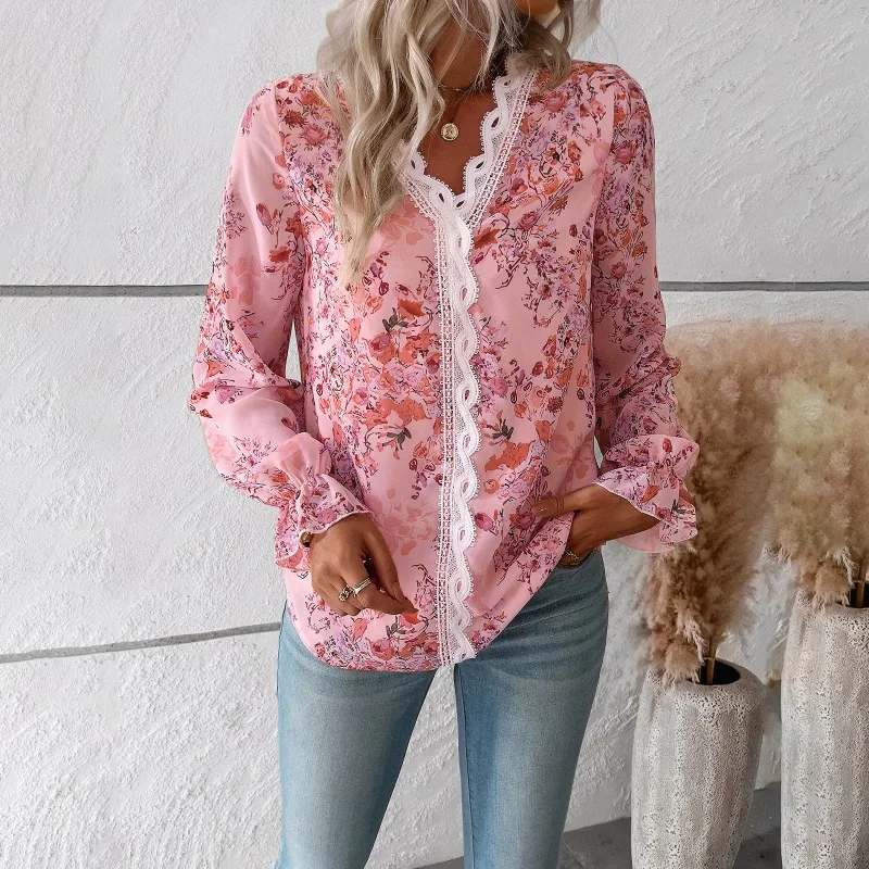 2023 Autumn Winter Shirt Top New Women's Printed Lace Stitching Loose Shirt Women's Fashion Flared Sleeves V-neck Pullover Shirt