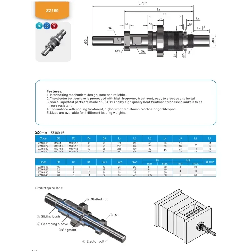 DIN ZZ169 Two Stage Thimble Offset Adjustable Ejection System Die Part With SW1 SW2 SW3 Adjustment Section For Mold Making