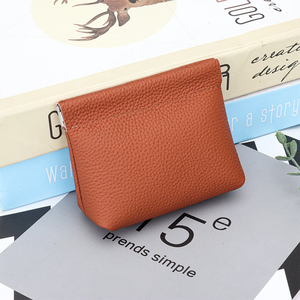 Automatic Tight Cowhide Coin Purse Genuine Leather Bag Spring Sheet Wireless Earphone Storage Lipstick Card Holder for Men Women