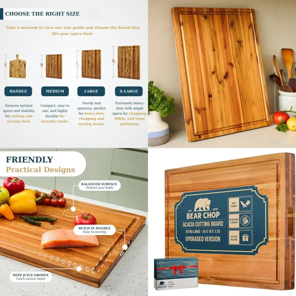 

Large Acacia Wood Kitchen Cutting Board, 24x18x1.25 Inches, with Juice Groove, Handle, and Gift Box, Anti-Cracking Design