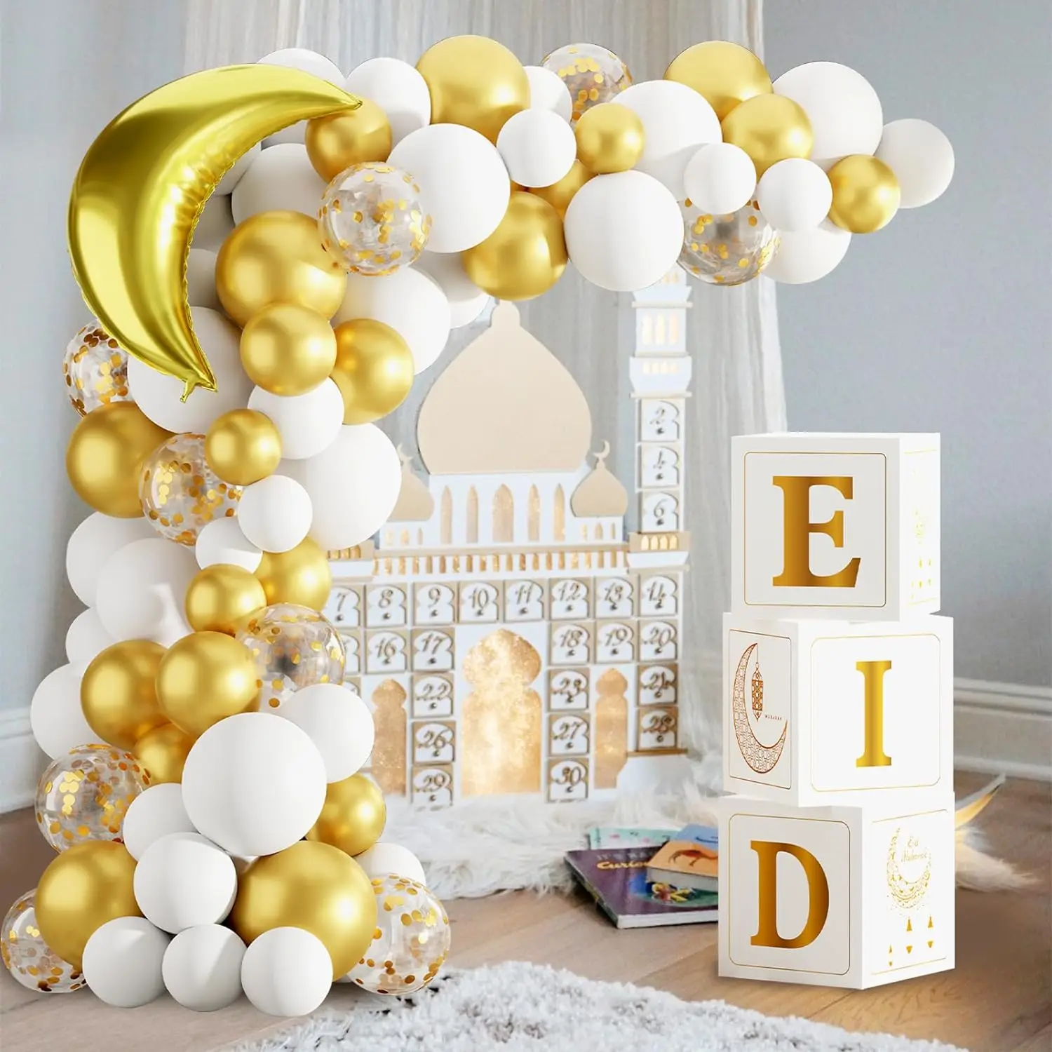 Dekoracja Eid Mubarak do domu 91 szt. Biały łuk złoty balon z Eid Mubarak balony w kształcie gwiazdek Ramadan Party dostarcza dekoracje