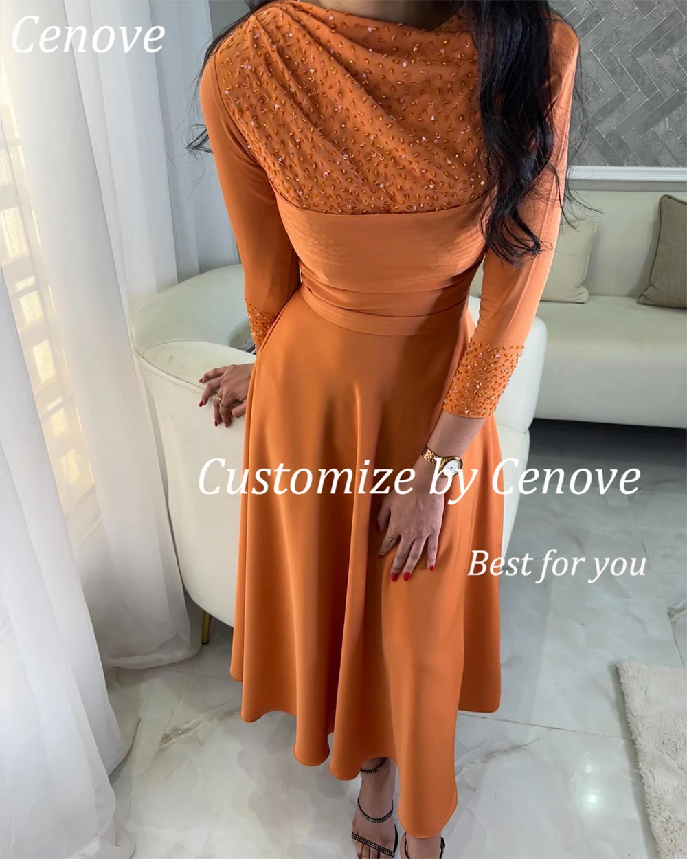 Cenove Long Sleeves A-Line Evening Gown Formal Princess O-Neck Beaded Prom Orange New Party Dresses for Women 2023