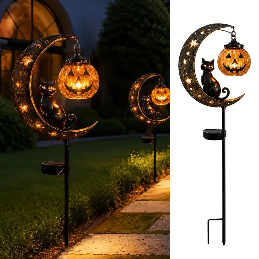 Solar Halloween Lights Halloween Solar Garden Stake Lights Jack-o-lantern Moon Cat Silhouette Waterproof Led Pumpkin Black Cat