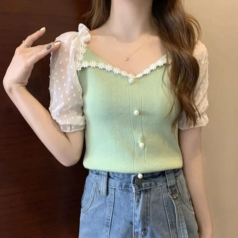 Lace Patchwork Chiffon Blouse Women 2024 Fahsion Elegant Beading Casual Blusa Mujer Korean White Puff Sleeve Ladies Tops Summer