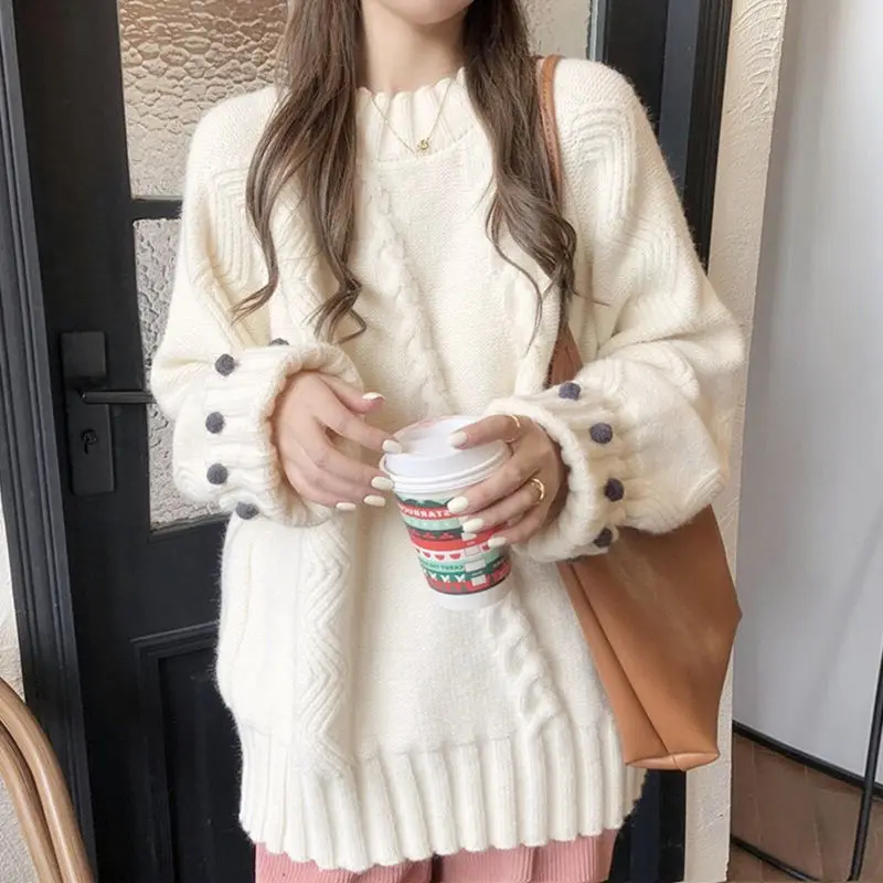 Vintage White O-neck Sweater Women Autumn Winter Loose Long Sleeve Warm Knitwear Simplicity Office Lady All-match Knitting Tops