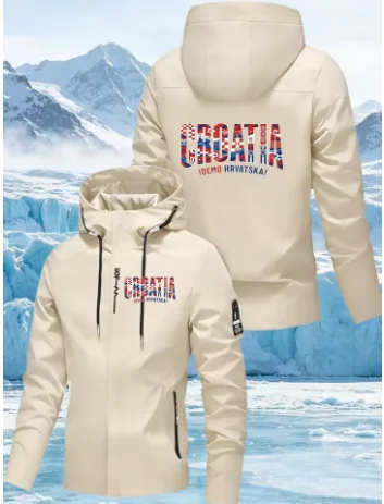 New Men's Croatia Print Hooded Jacket – Outdoor Hooded Windbreaker  Waterproof & Windproof  Spring/Autumn Workwear Coat