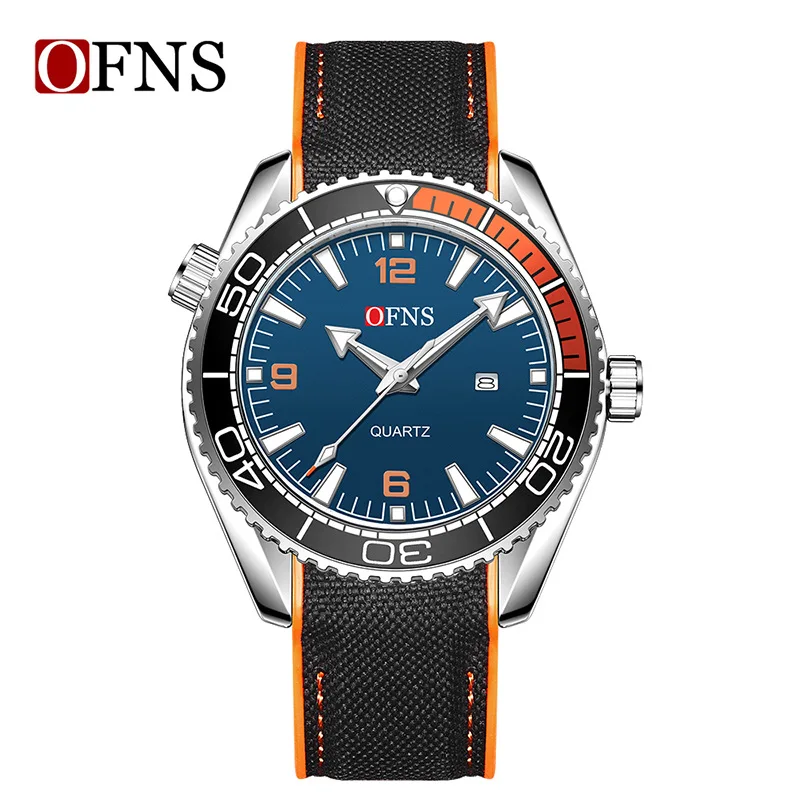 OFNS Fashion Business Leisure Men's Quartz Watch Calendar 3ATM Waterproof 3D Luminous Gear Crown Rotating bezel