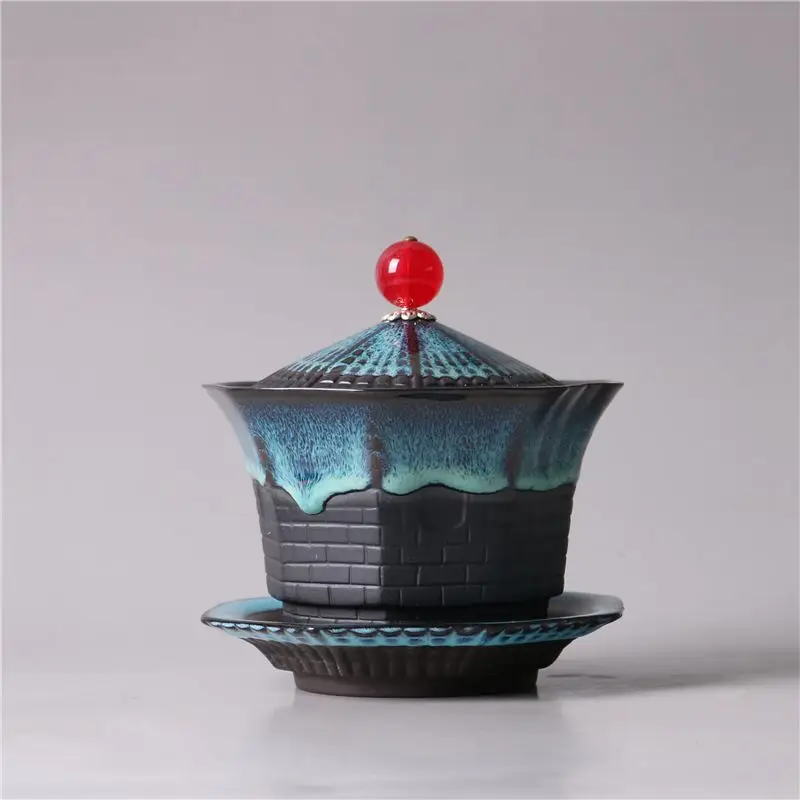 Creative Ceramic Pagoda Cover Bowl, Portable, Retro Style, Kung Fu, Octagonal Tea Set Attachment, Light Luxury, Household