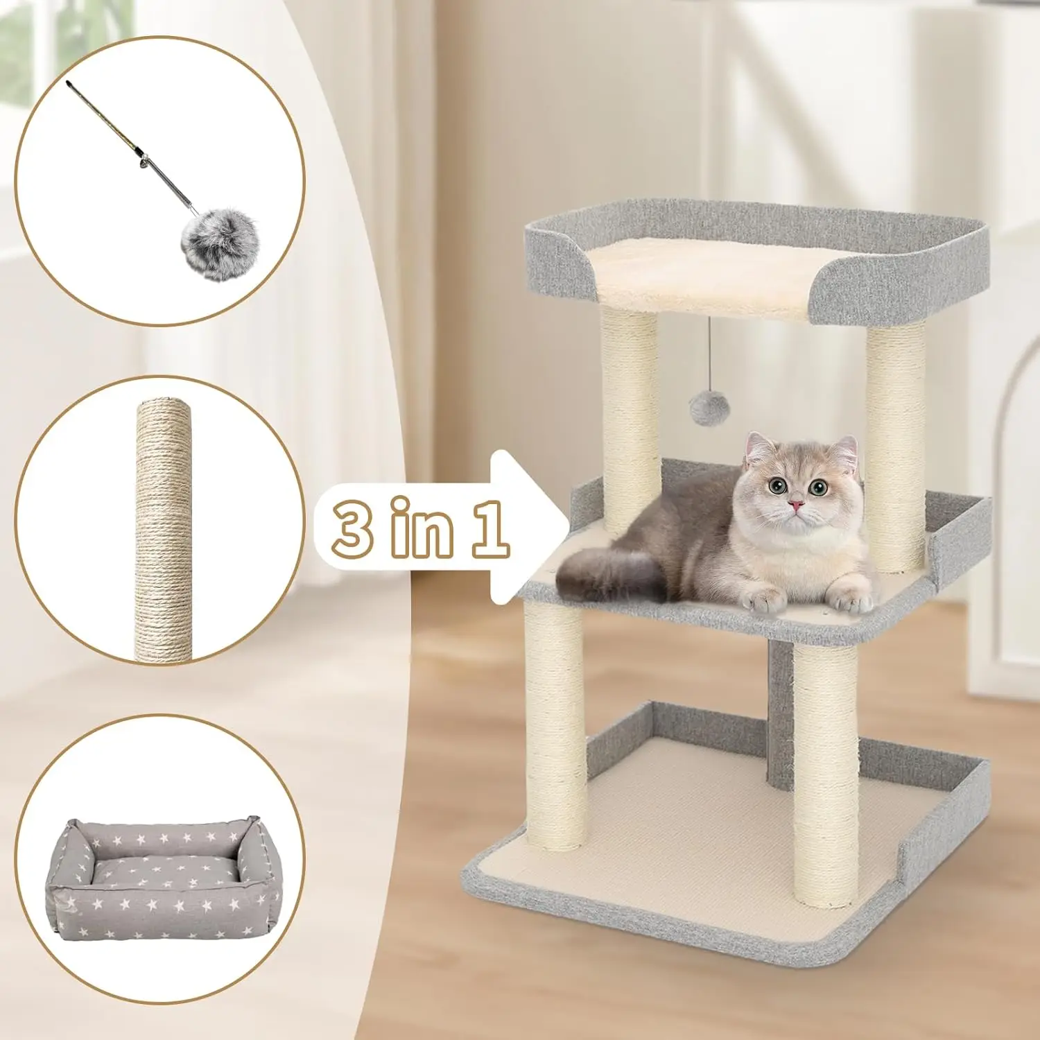 Durable Cat Scratching Post With Bed, Multi-Level 27.56In Cat Tree With Scratching Posts Of Natural Sisal, All-Season Cat Tree