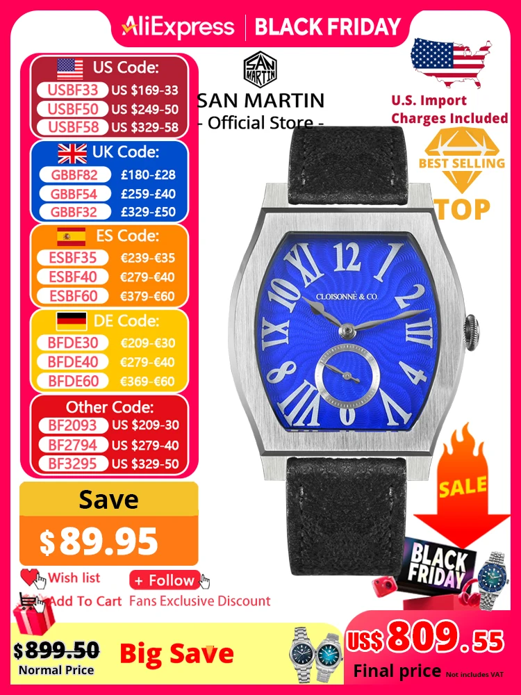 

San Martin 36mm ETA 7001 Guilloche Dial Barrel Shaped Enamel Hand Luxury Men's Mechanical Watch Manual Winding Waterproof SN0100