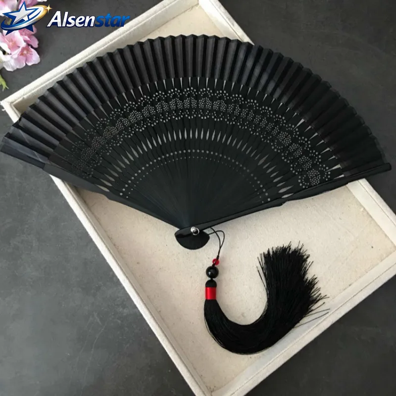 Chinese Bamboo Hand Fan Ventilador Portable Vintage Folding Black Silk Fan Classical Men Women Performance Prop Hand Fan