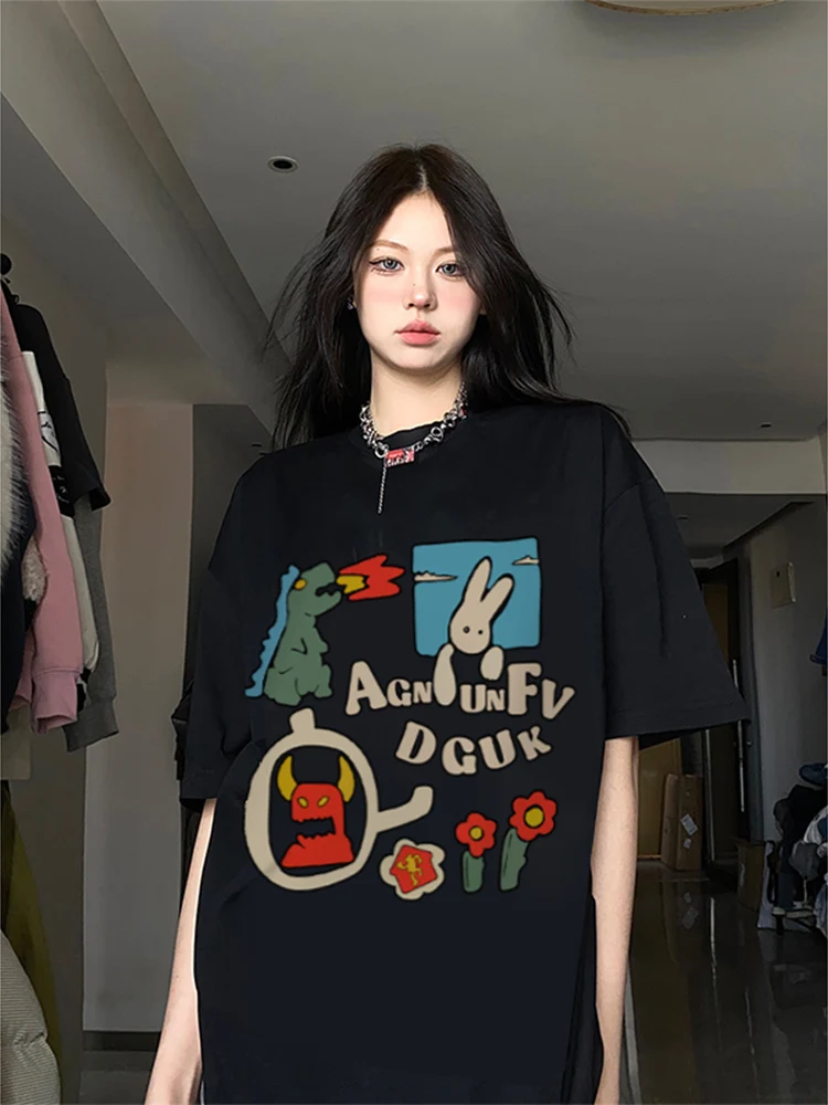 

Hiphop Plus Size Summer Letter Printed Cotton Short Sleeved T-shirt for Women Ins Trendy Brand Summer Loose Top for Women