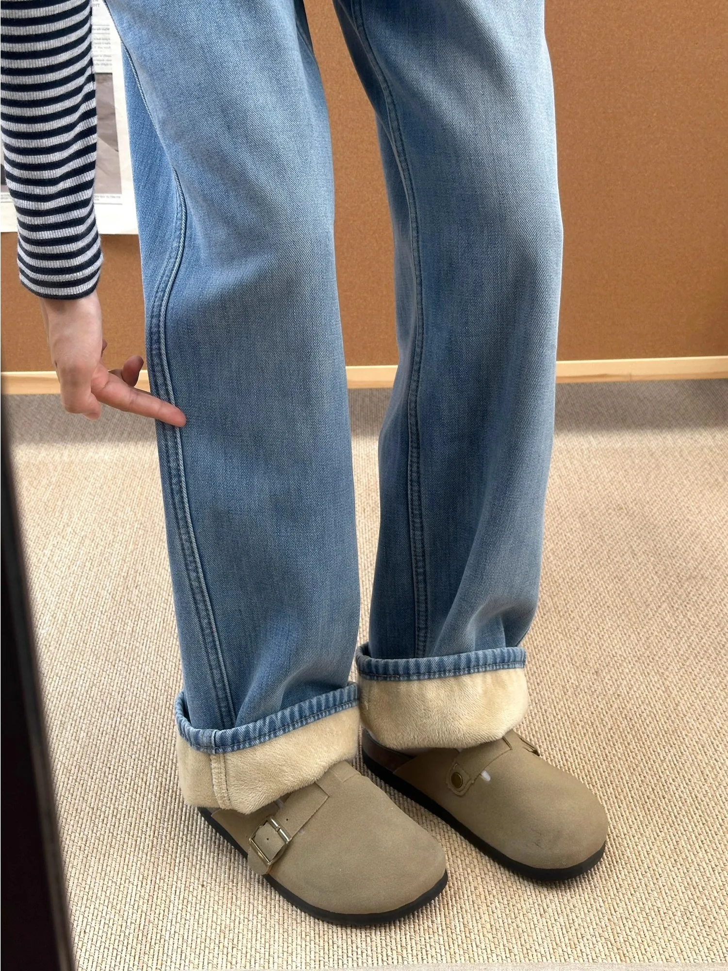 

Утепленные флисовые женские джинсы с высокой талией, утягивающие, для невысоких, широкие прямые штанины, зимние, новый стиль, повседневные, износостойкие