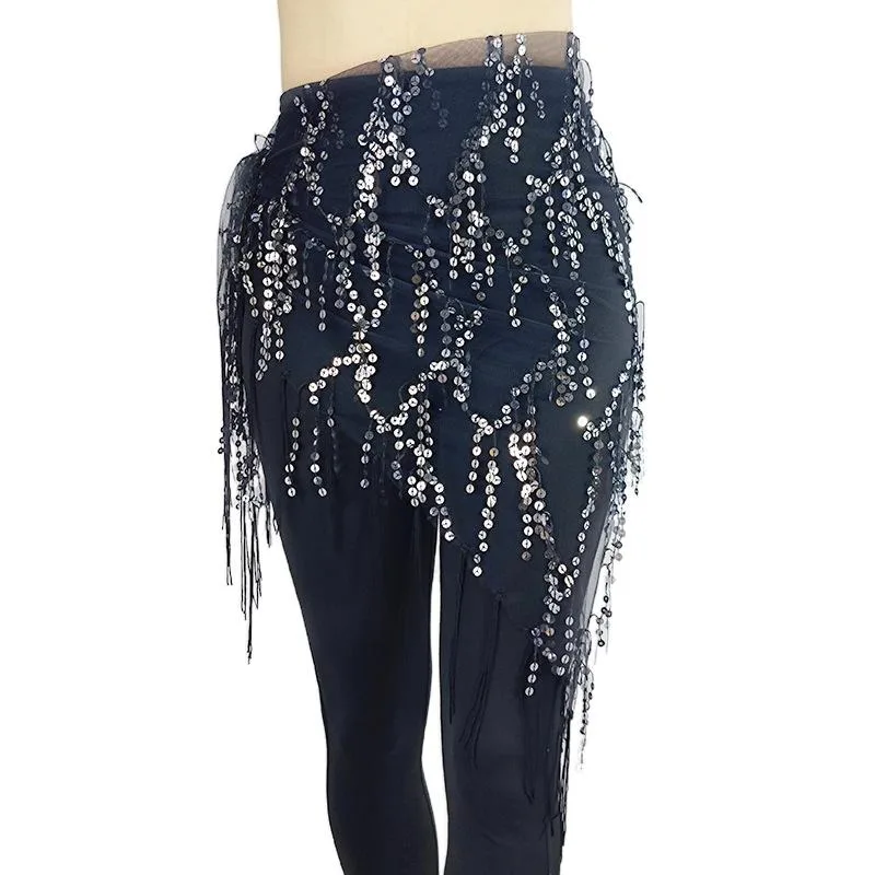 Shiny Sequins Mesh Belly Dance Hip Scarf Dancing Belt Triangle Shawl Tassel Waist Chain Skirt Costume for Women/Girls Party Suit