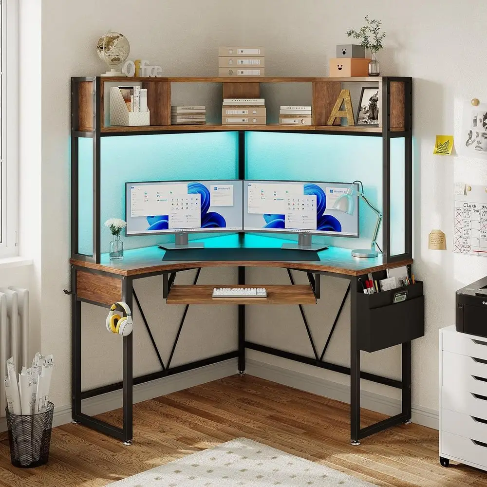

Rustic Brown Small Computer Desk with Hutch, LED Lights, and Storage Solutions