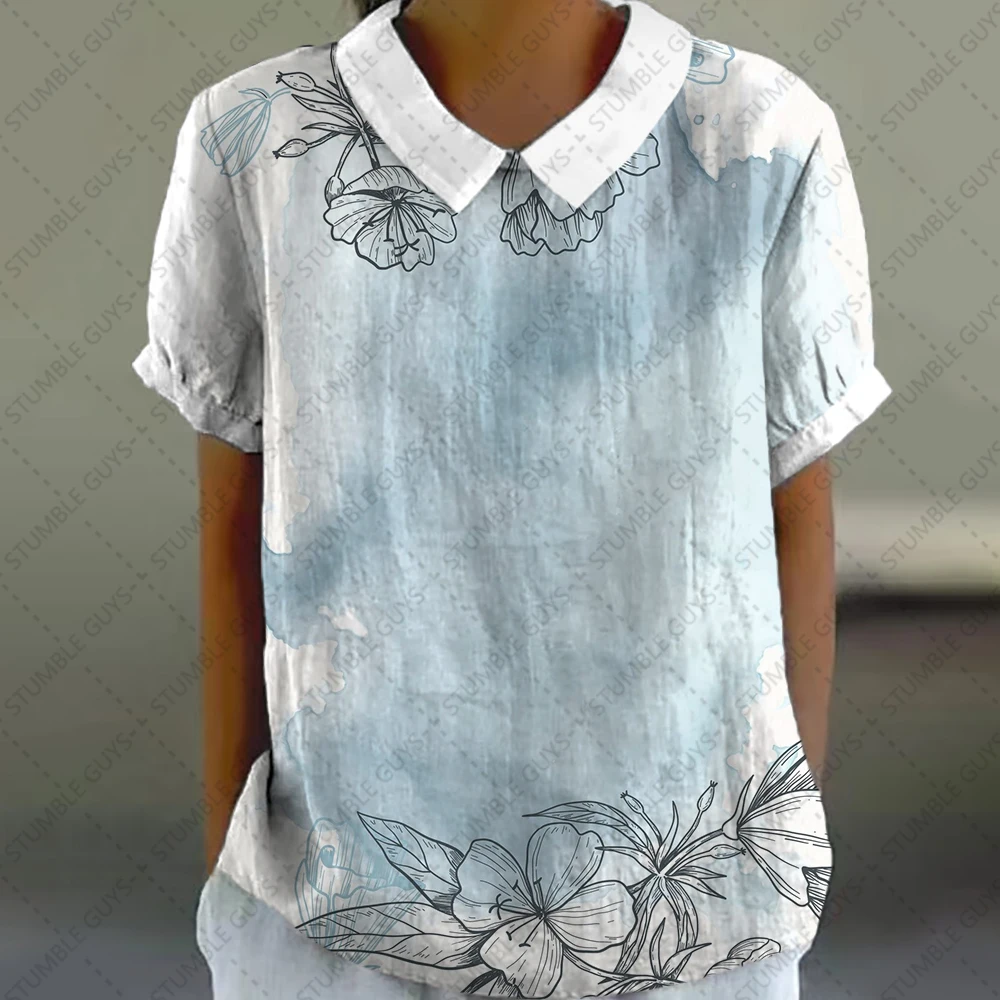 Women Peter Pan Collar T-shirt 2024 Shirts Watercolor illustration tops Summertime Casual puff sleeves short sleeves