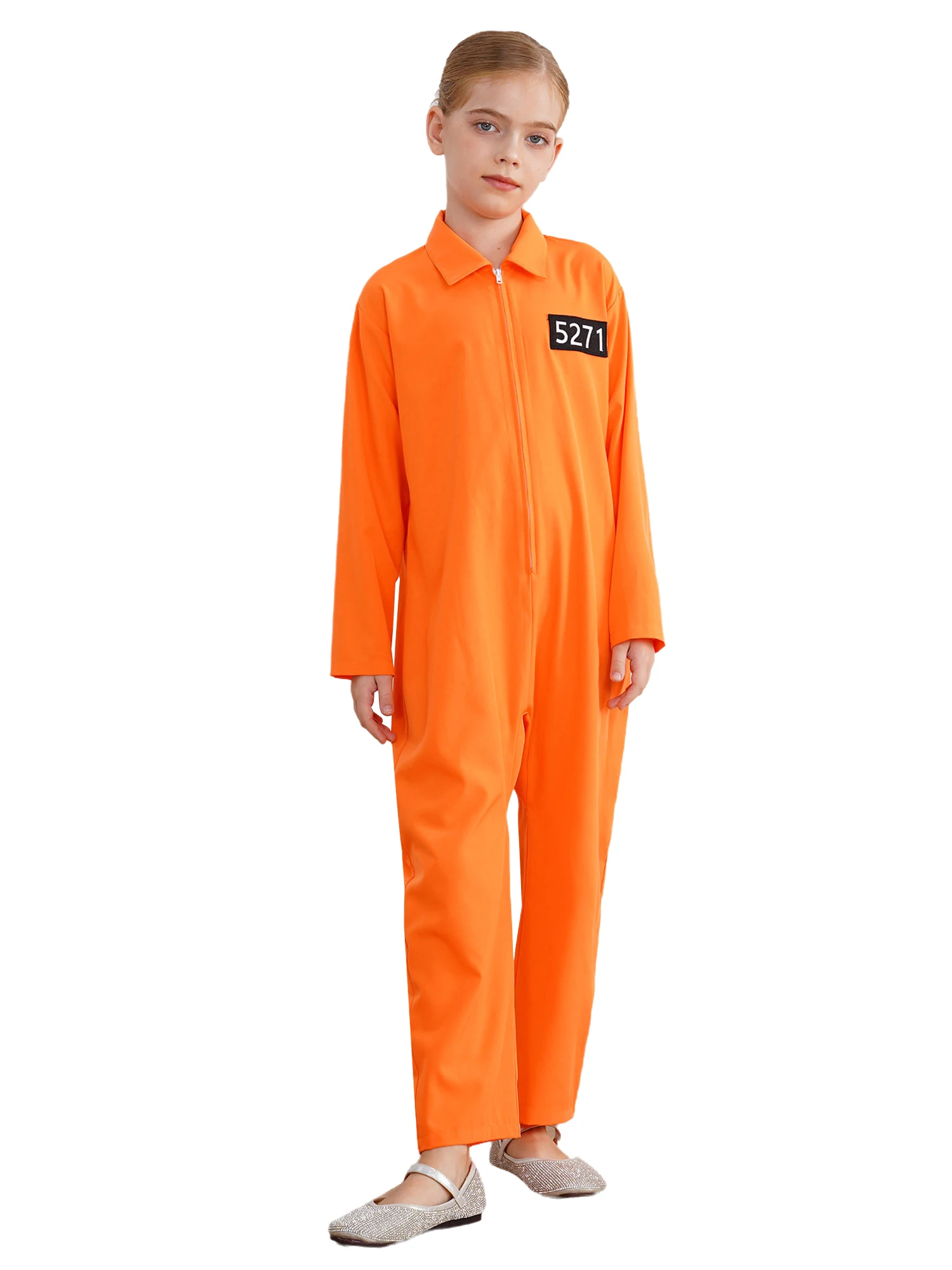 Kids Prisoner Costume One Piece Long Sleeve Prisoner Jumpsuit Jailbird Inmate Prison Uniform Party Halloween Cosplay Costume