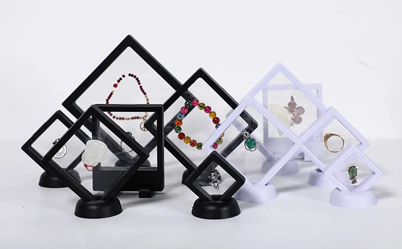 3D Floating Frame Gemstone Coin Box Clear Jewelry Bracelet Display Stand Ring Pendant Holder Protect Jewellery Presentation Case