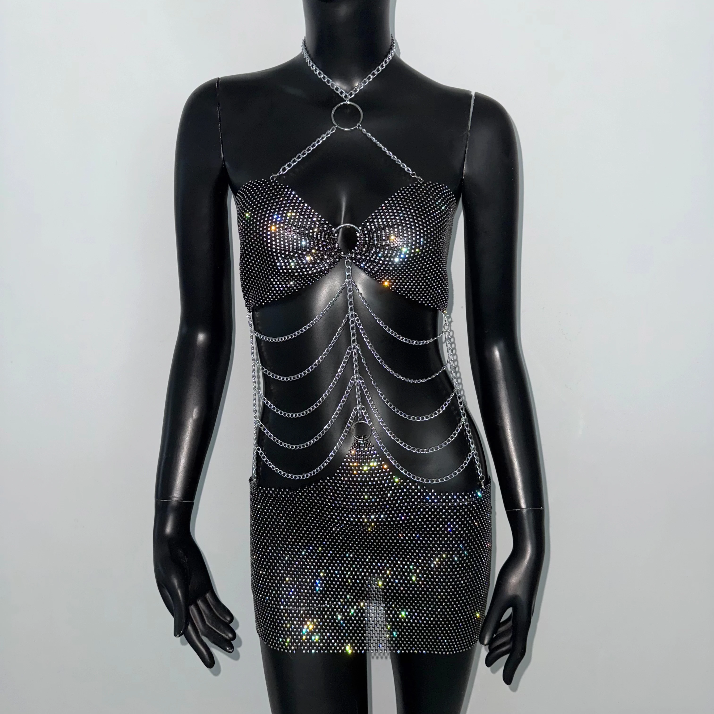 Metal Chain Patchwork Mesh Women Dress Shiny Rhinestone Hollow Sheer Fishnet Backless Halter Neck Mini Dress Summer Beach Dress