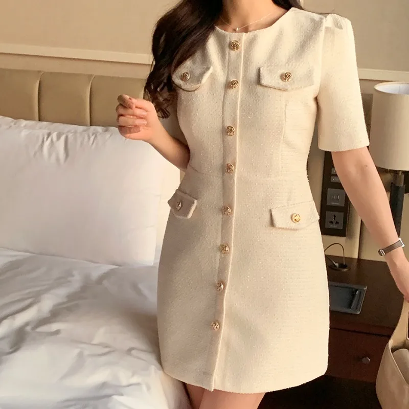 Korean Chic Tweed Vestidos Small Fragrance Women 2024 Dress Short Sleeve Vestido Summer New O-neck Dresses Elegant Robes