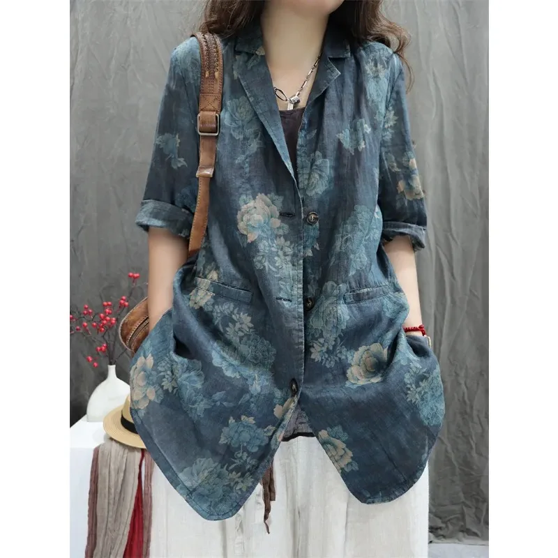 

Женский синий льняной блейзер с цветочным принтом, с вырезами на лацканах, с рукавом до локтя, свободного кроя, в стиле ретро, повседневный, летний