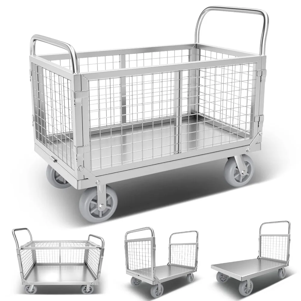 

Platform Truck Cart with Cage, Folding Trolley Food Serving Cart Hotel Cleaning Cart Hand Hotels Rotating Furniture Commercial