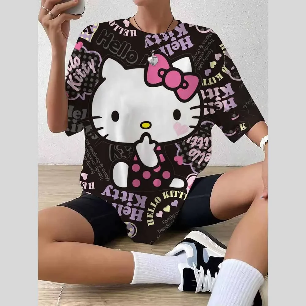 ハローキティトップスファッション Tシャツストリートウェア女性面白い快適な半袖 Tシャツ服ファッションカジュアルガールトップ