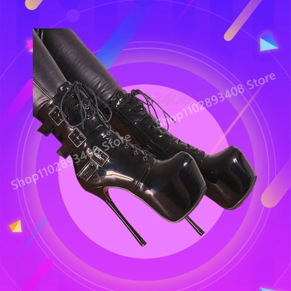 

Black Cross Tied Buckle Belts Ankle Boots Shiny Leather Stiletto High Heel Sexy Hot Girls Women Shoes 2025 Zapatos Para Mujere