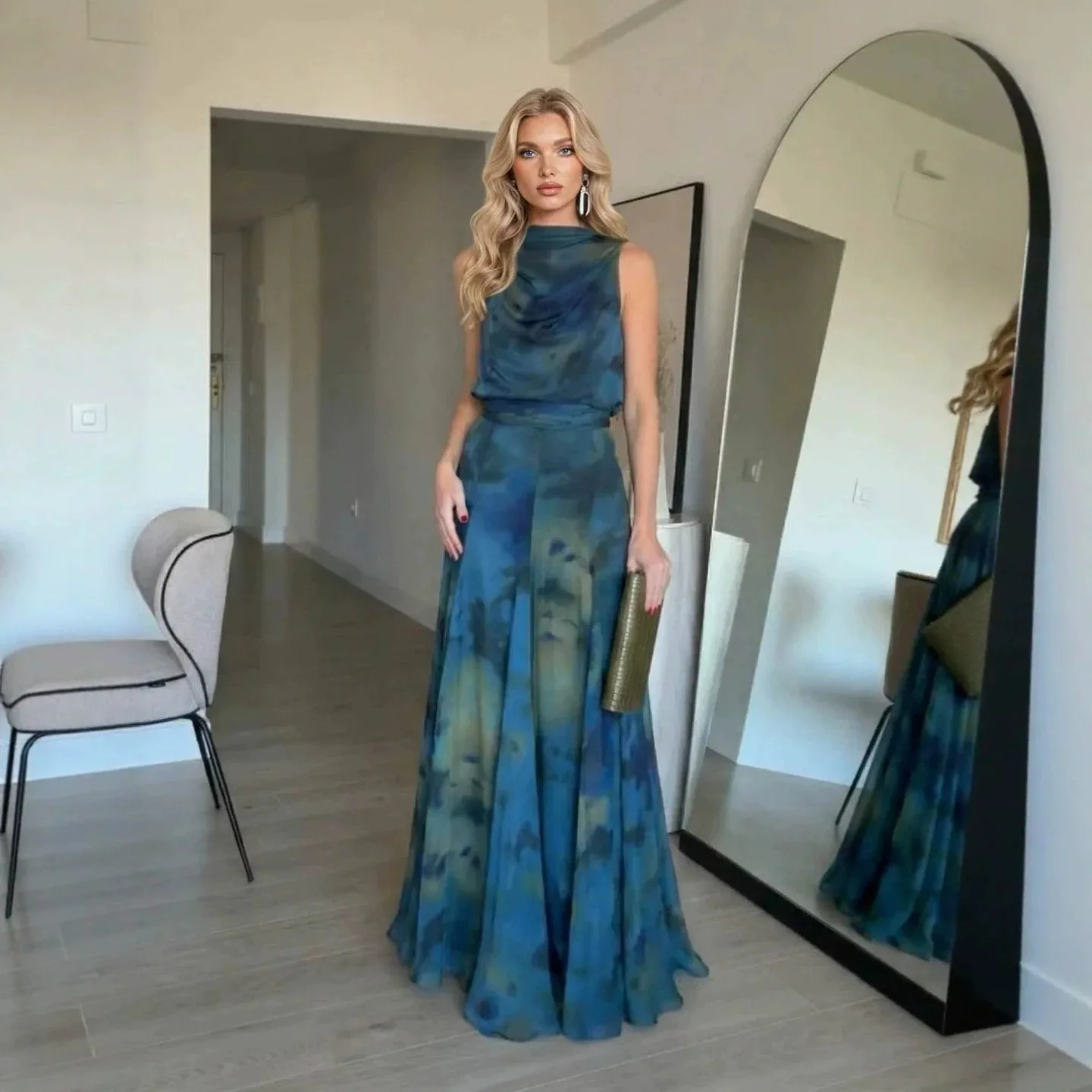 Women's Sleeveless, Halter-neck, Tie-dye Print, Mesh. High-waisted Flared Skirt Long Clothes Set 26019 Maxi Luxury